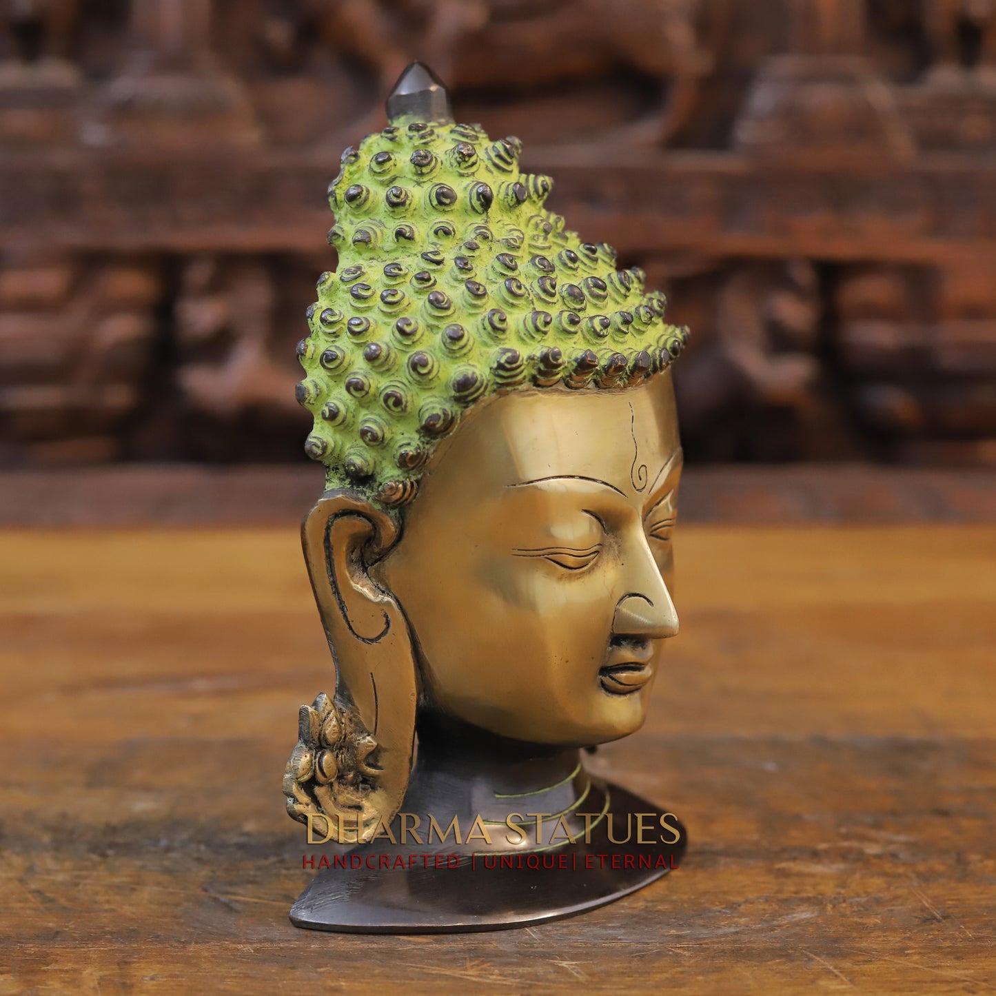Brass Buddha Head, Green tint & Golden Finish, 8.5"
