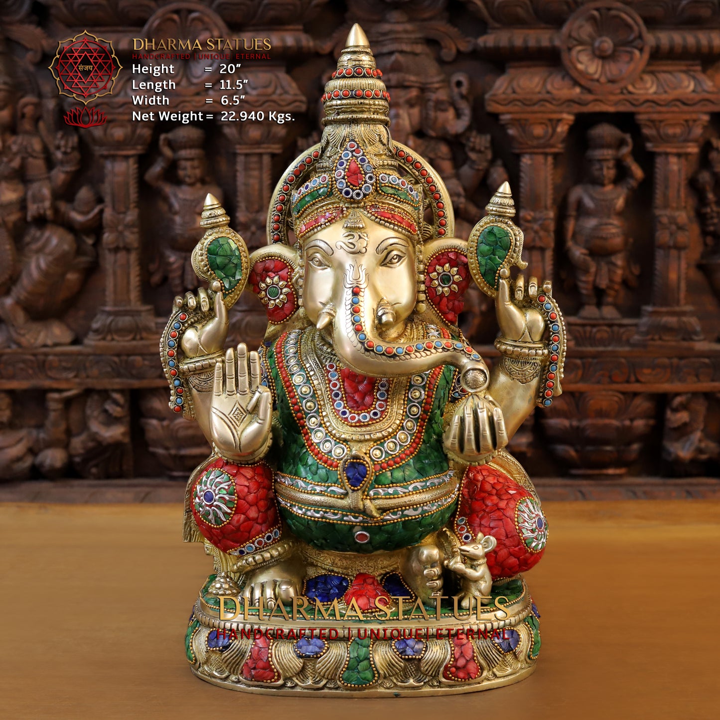 Brass Ganesh seated in Blessing Posture, Stonework & Golden Finish, 20"