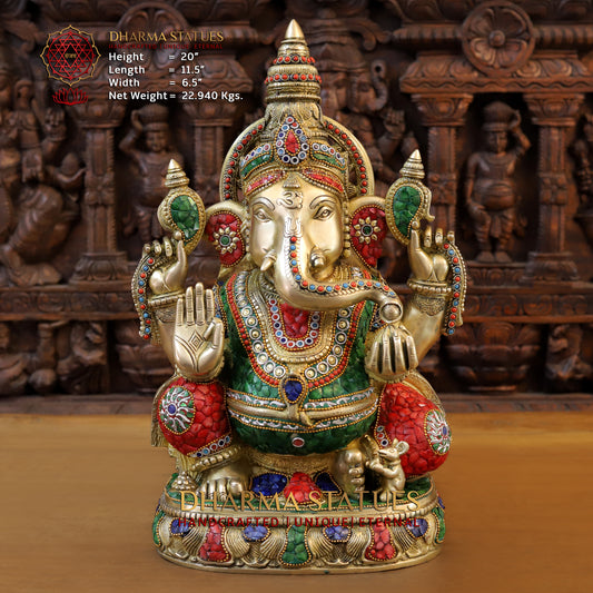 Brass Ganesh seated in Blessing Posture, Stonework & Golden Finish, 20"
