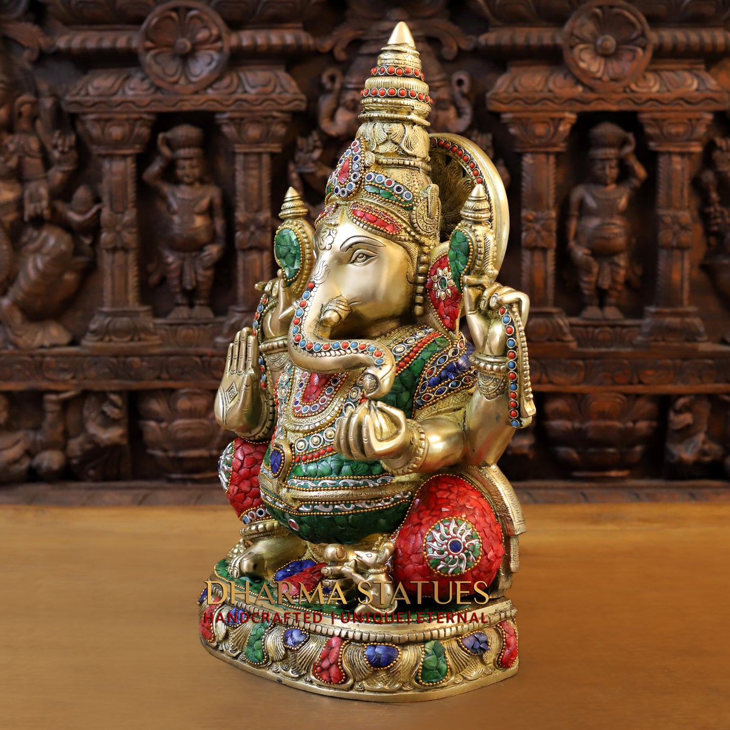 Brass Ganesh seated in Blessing Posture, Stonework & Golden Finish, 20"