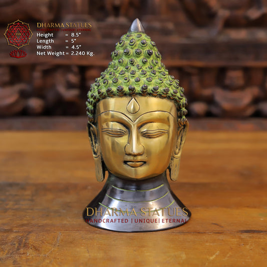 Brass Buddha Head, Green tint & Golden Finish, 8.5"