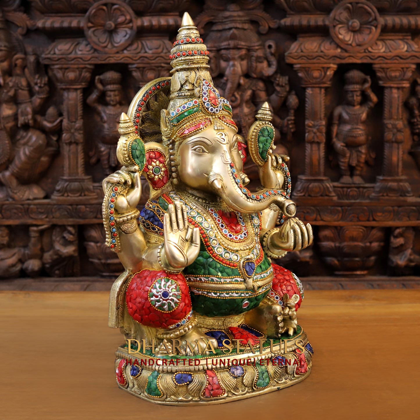 Brass Ganesh seated in Blessing Posture, Stonework & Golden Finish, 20"