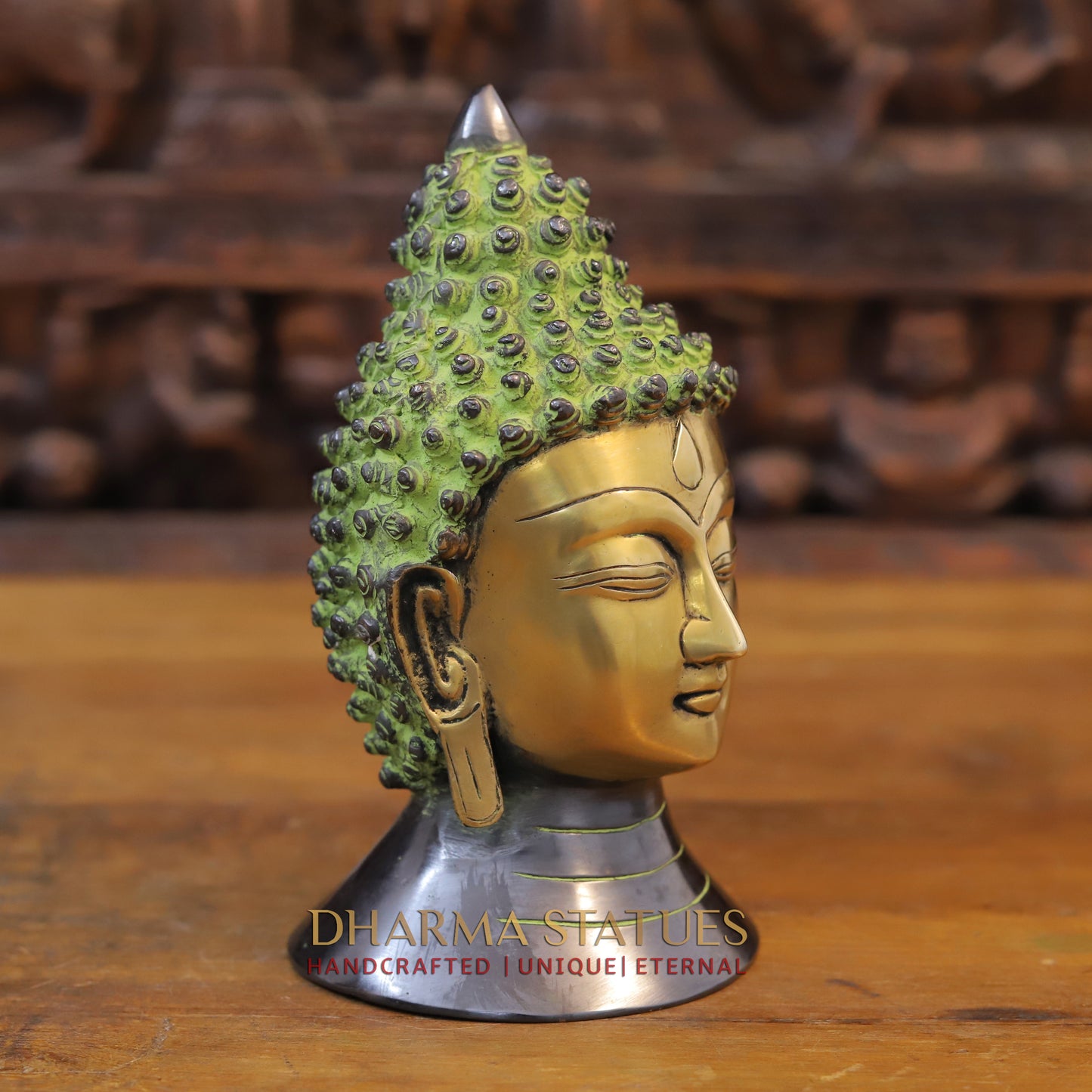 Brass Buddha Head, Green tint & Golden Finish, 8.5"