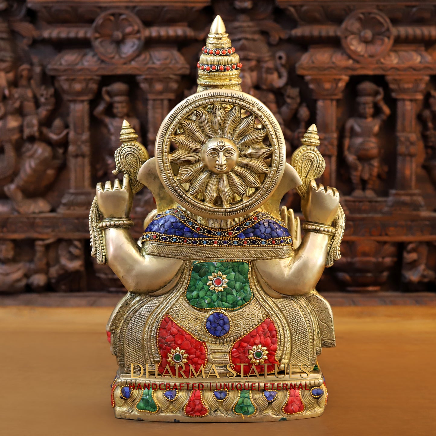 Brass Ganesh seated in Blessing Posture, Stonework & Golden Finish, 20"