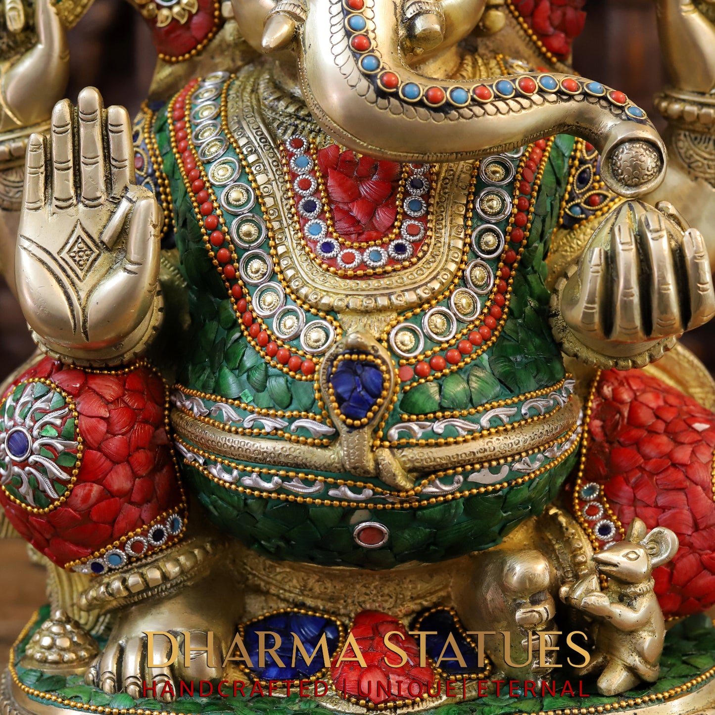 Brass Ganesh seated in Blessing Posture, Stonework & Golden Finish, 20"