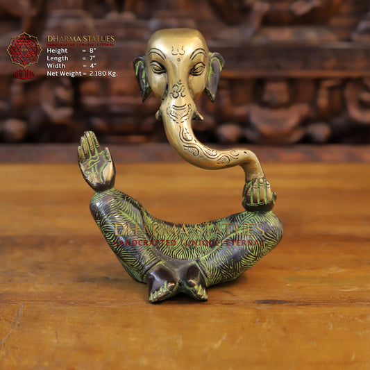 Brass Modern Ganesh Statue, Green tint & Golden Finish, 8"