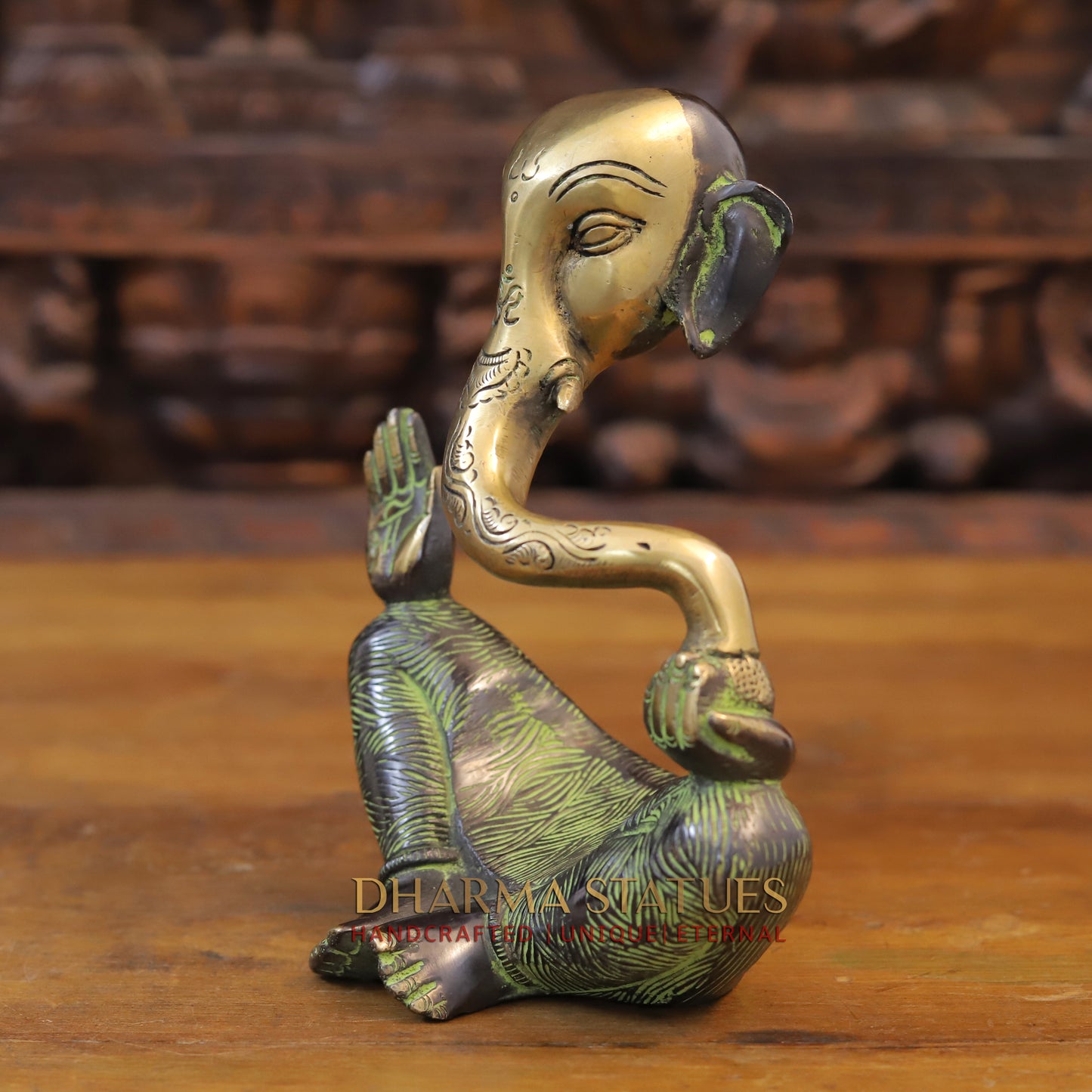 Brass Modern Ganesh Statue, Green tint & Golden Finish, 8"