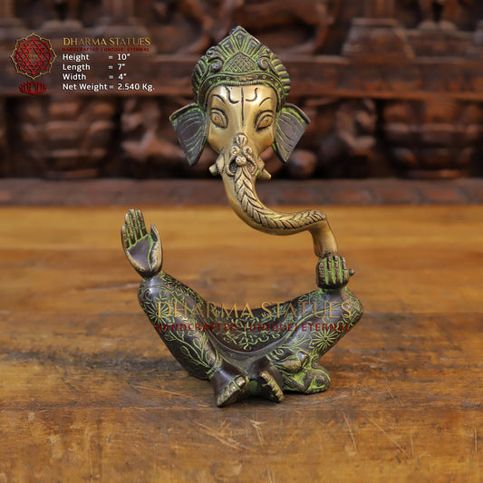 Brass Modern Ganesh, Golden Finish with Green Tint, 10"