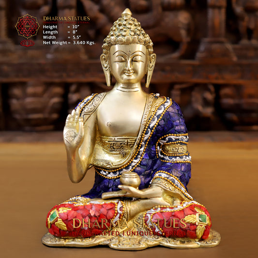 Brass Buddha seated in Blessing Posture, Stonework & Golden Finish, 10"