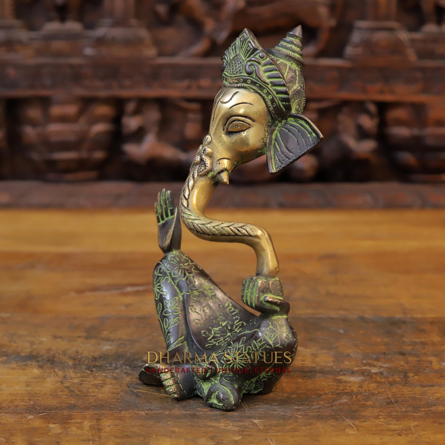 Brass Modern Ganesh, Golden Finish with Green Tint, 10"