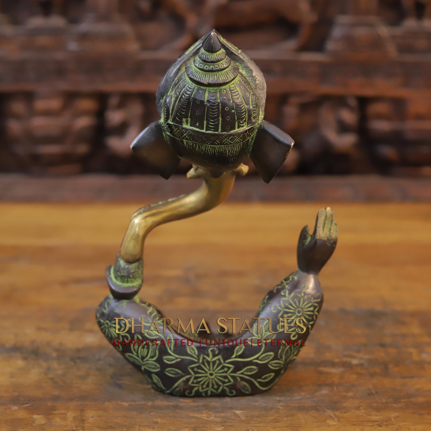 Brass Modern Ganesh, Golden Finish with Green Tint, 10"