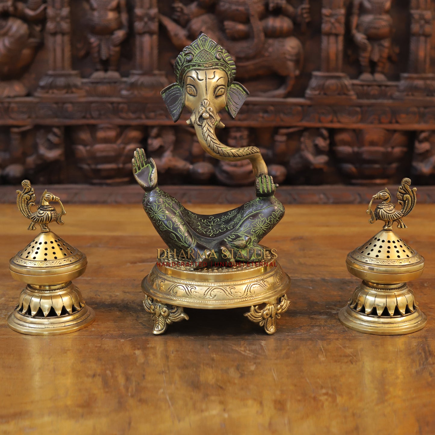 Brass Modern Ganesh, Golden Finish with Green Tint, 10"