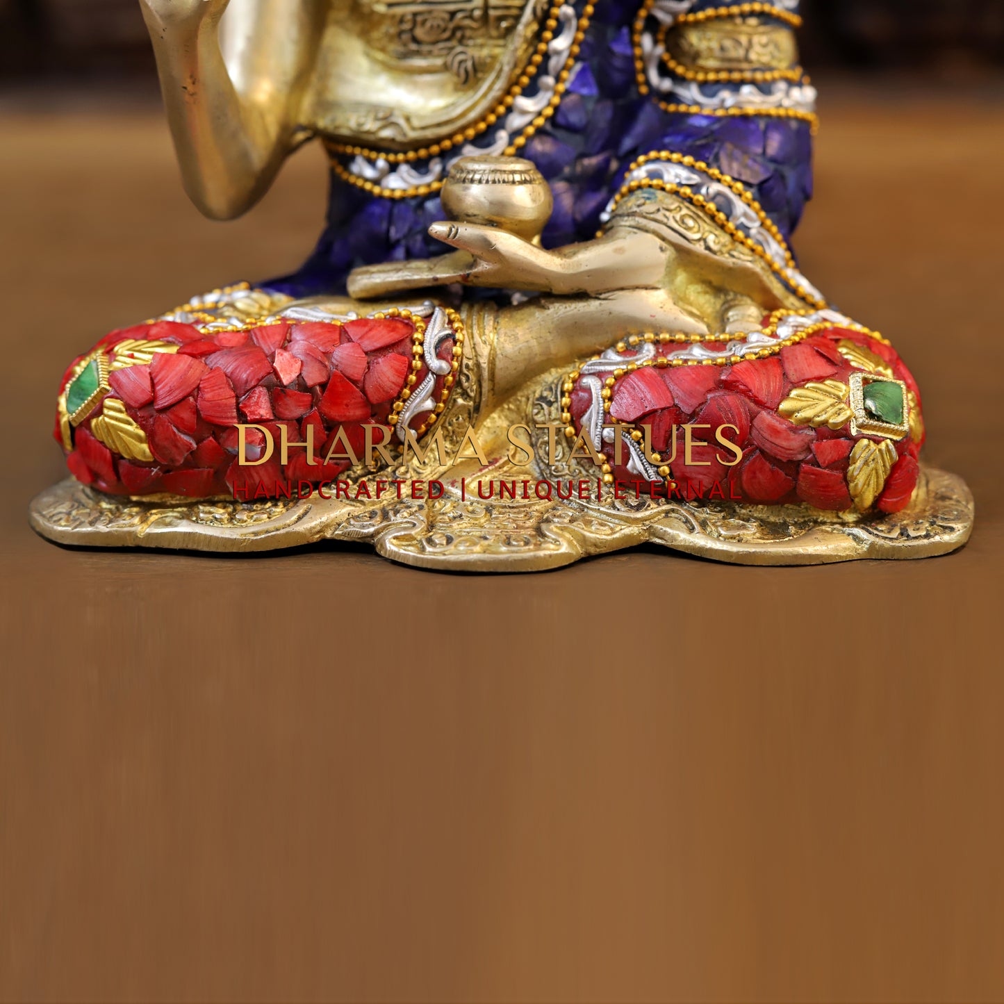 Brass Buddha seated in Blessing Posture, Stonework & Golden Finish, 10"