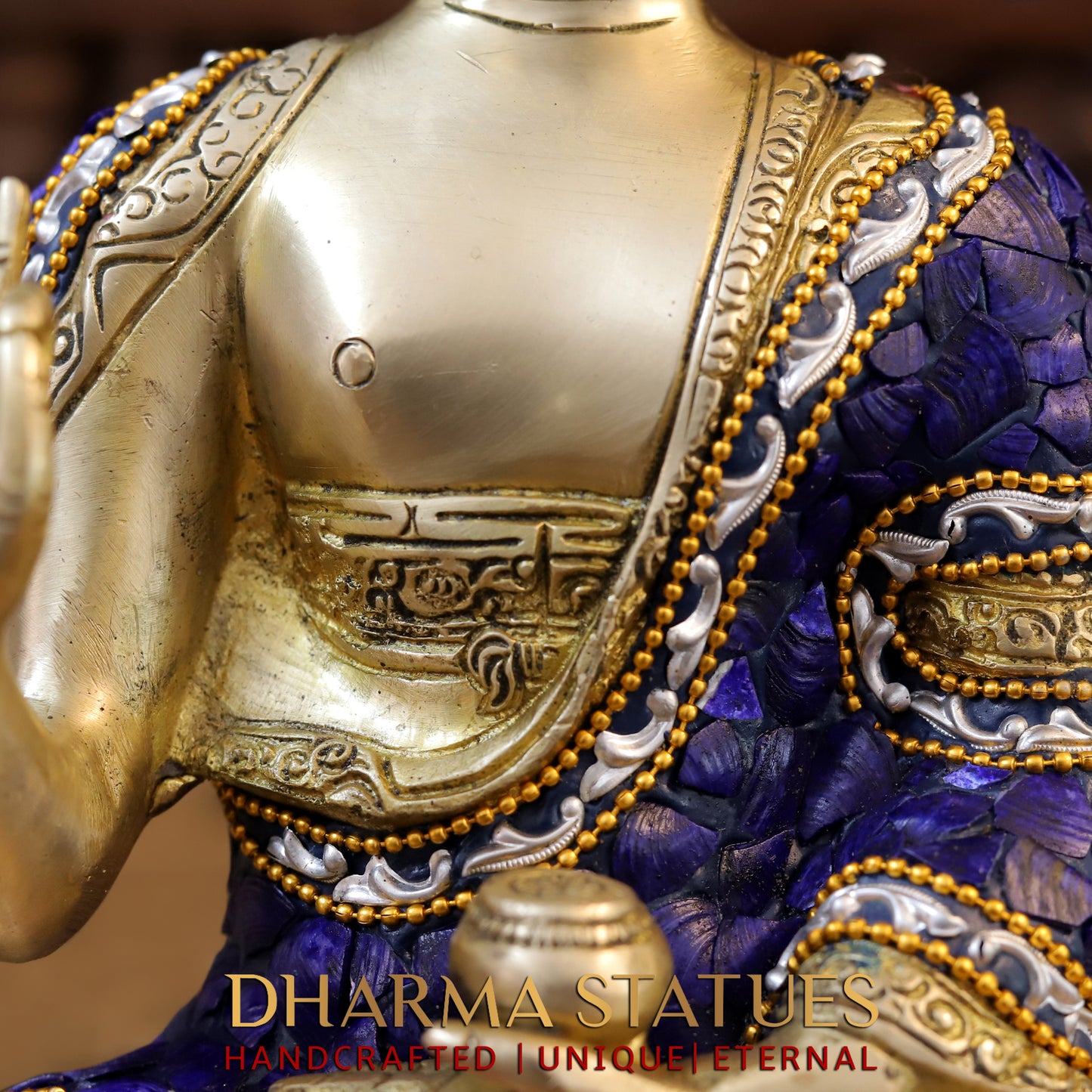 Brass Buddha seated in Blessing Posture, Stonework & Golden Finish, 10"