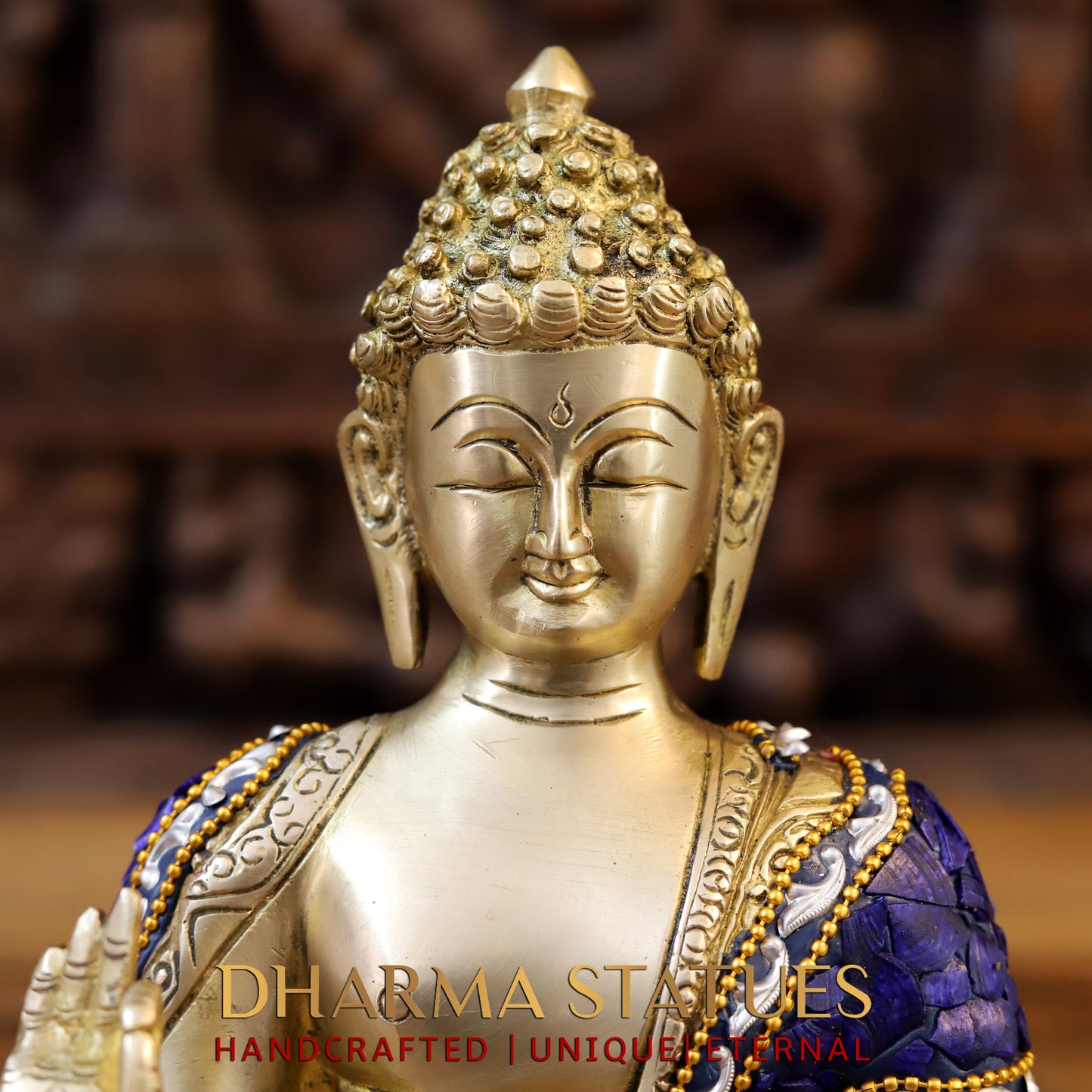 Brass Buddha seated in Blessing Posture, Stonework & Golden Finish, 10"