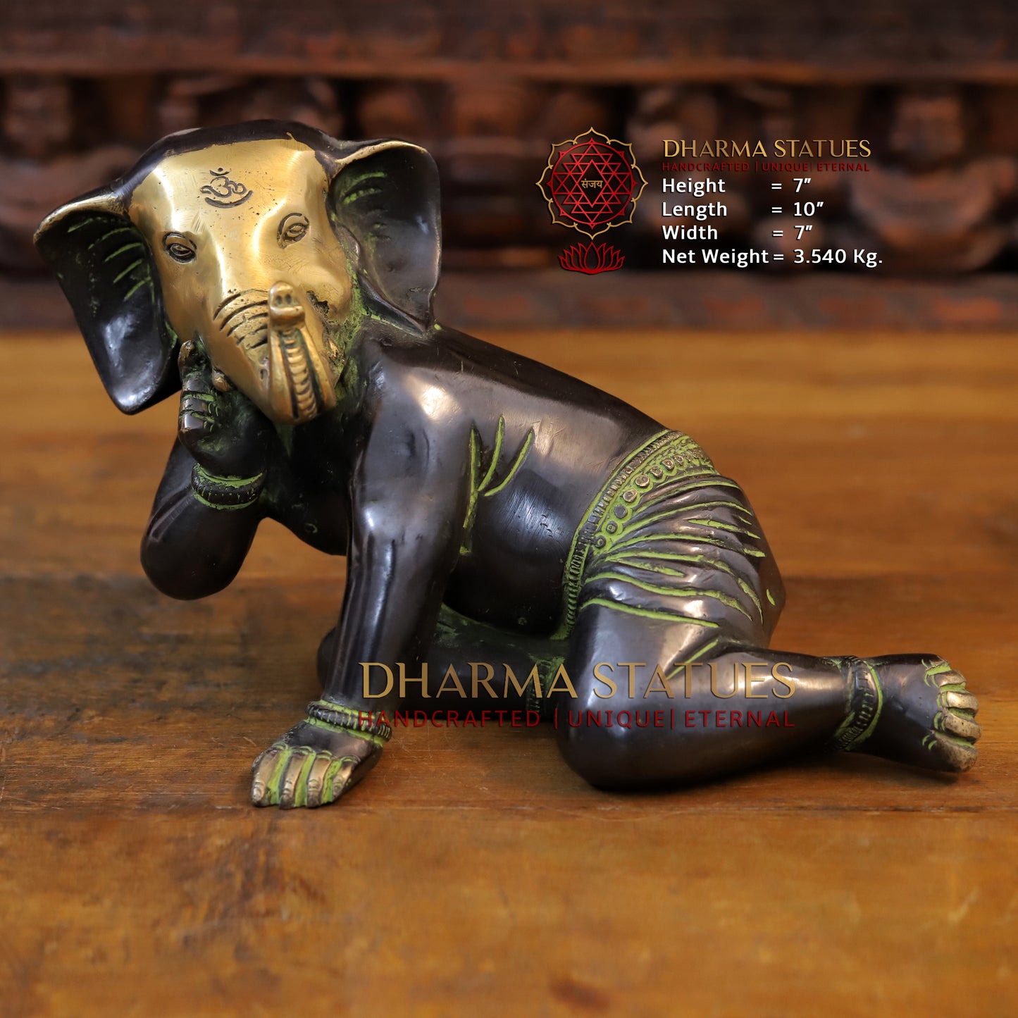 Brass Crawling Ganesh, Golden & Copper Finish with Green tint, 7"
