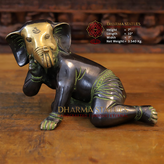 Brass Crawling Ganesh, Golden & Copper Finish with Green tint, 7"