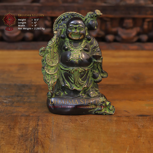 Brass Laughing Buddha, Copper & Green Tint, 8.5"