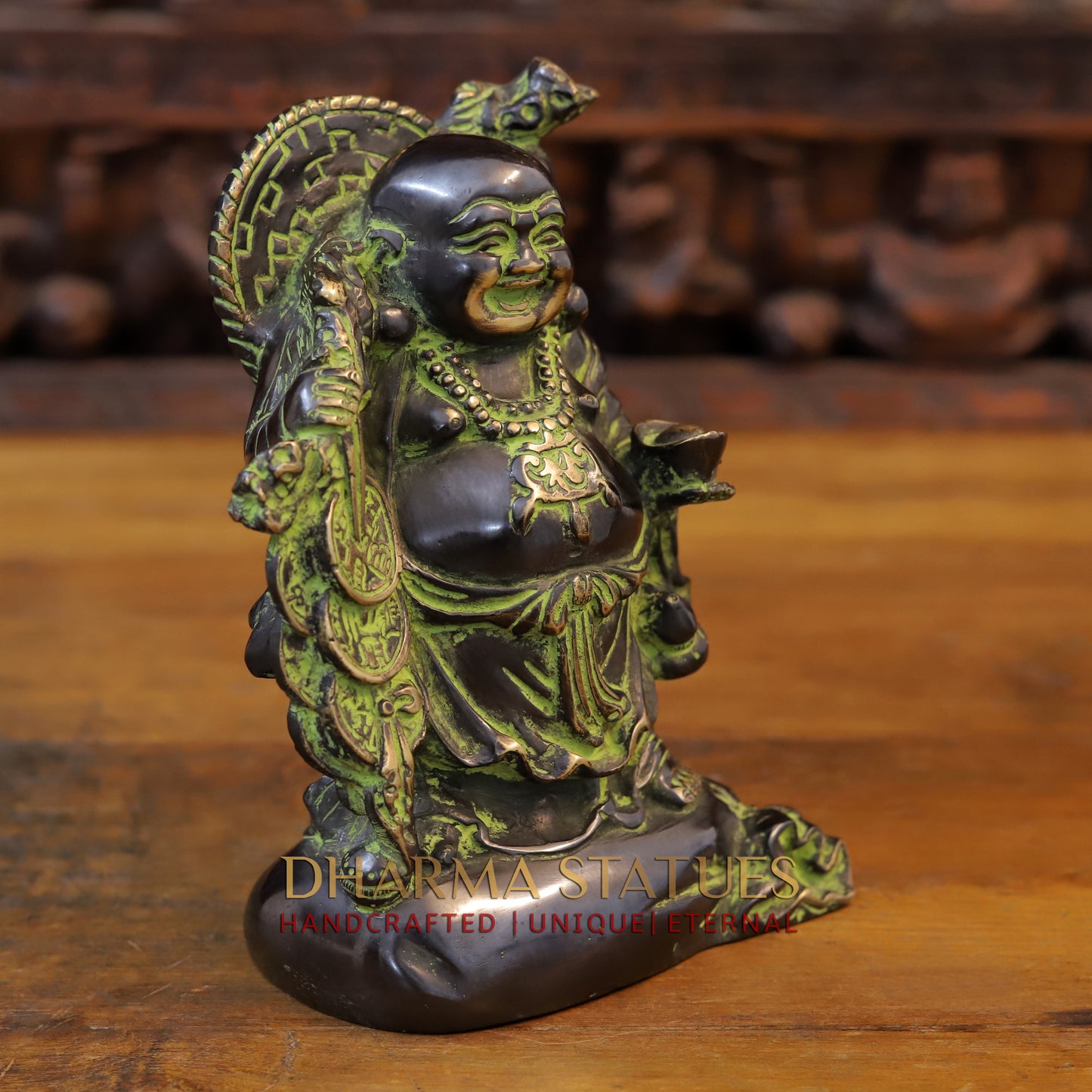 Brass Laughing Buddha, Copper & Green Tint, 8.5"