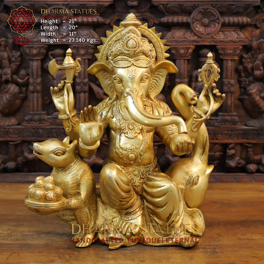 Brass Ganesh with Mushaka, Fine Golden Finish, 21"
