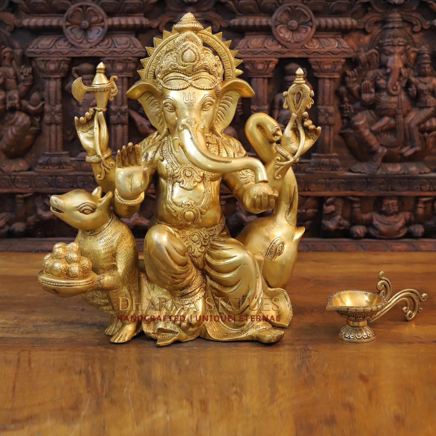 Brass Ganesh with Mushaka, Fine Golden Finish, 21"