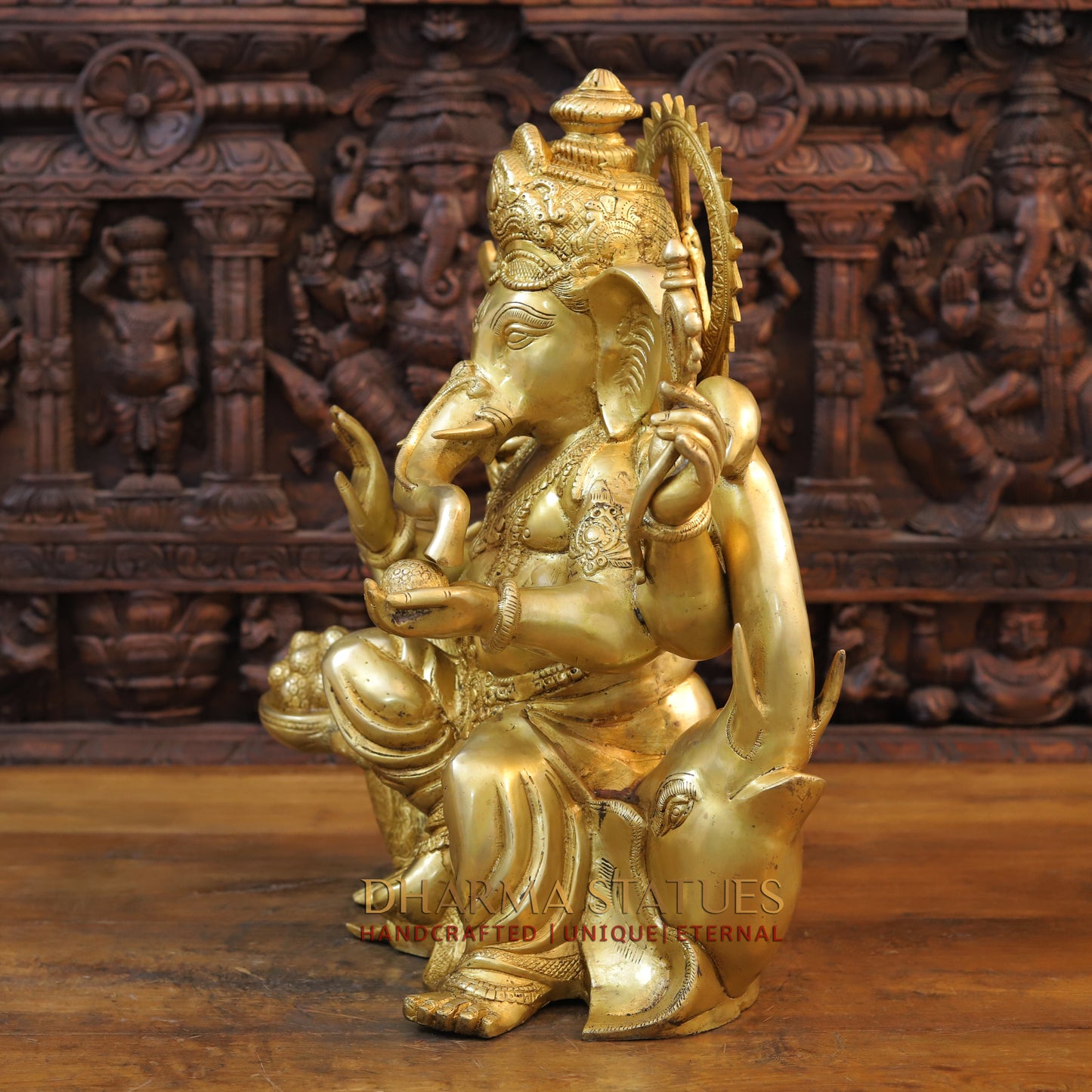 Brass Ganesh with Mushaka, Fine Golden Finish, 21"
