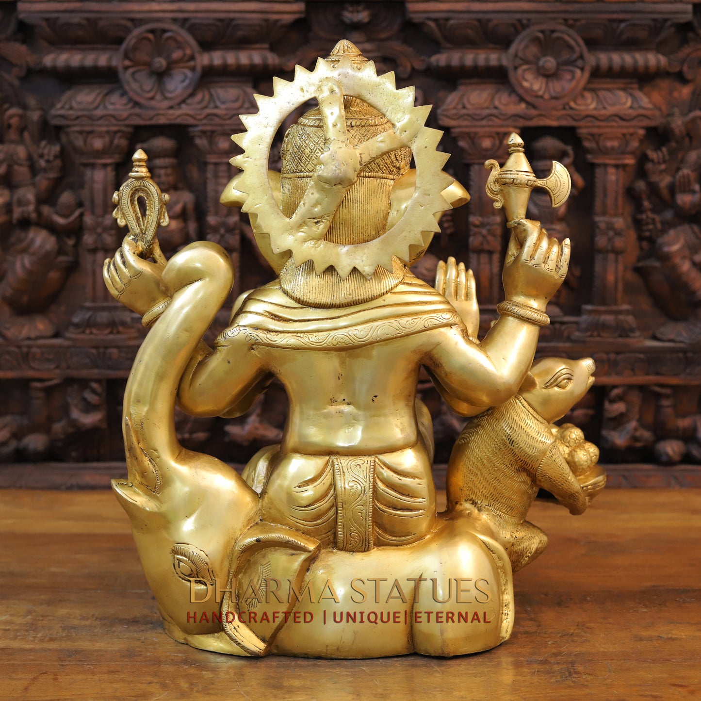 Brass Ganesh with Mushaka, Fine Golden Finish, 21"