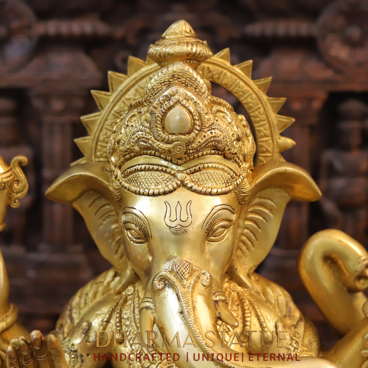 Brass Ganesh with Mushaka, Fine Golden Finish, 21"
