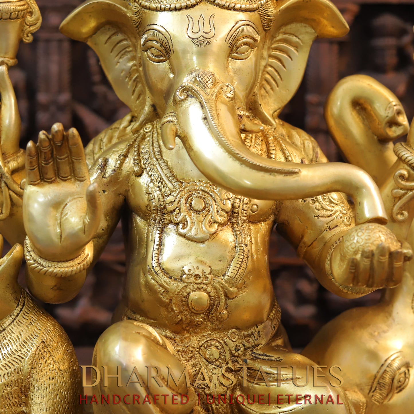 Brass Ganesh with Mushaka, Fine Golden Finish, 21"