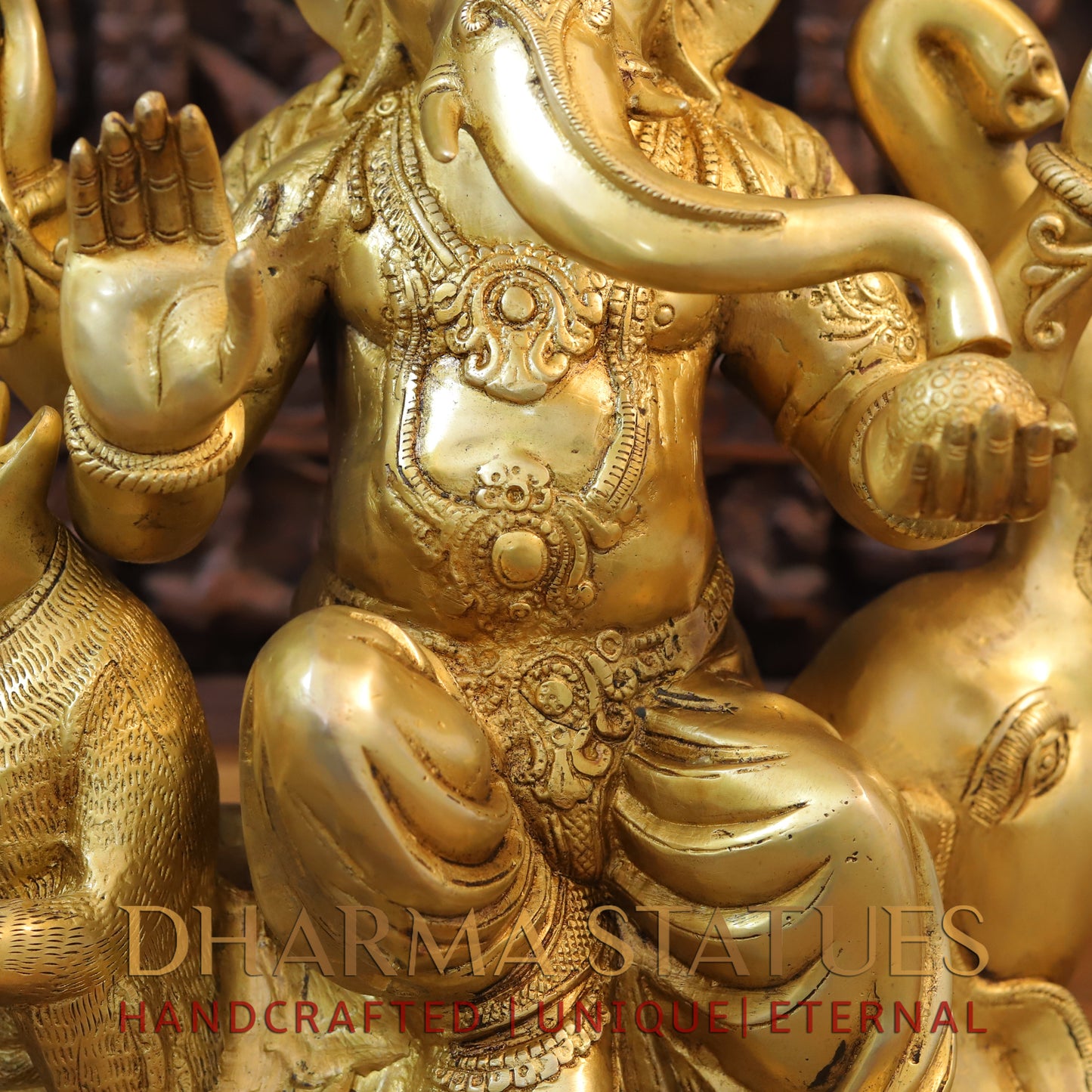 Brass Ganesh with Mushaka, Fine Golden Finish, 21"