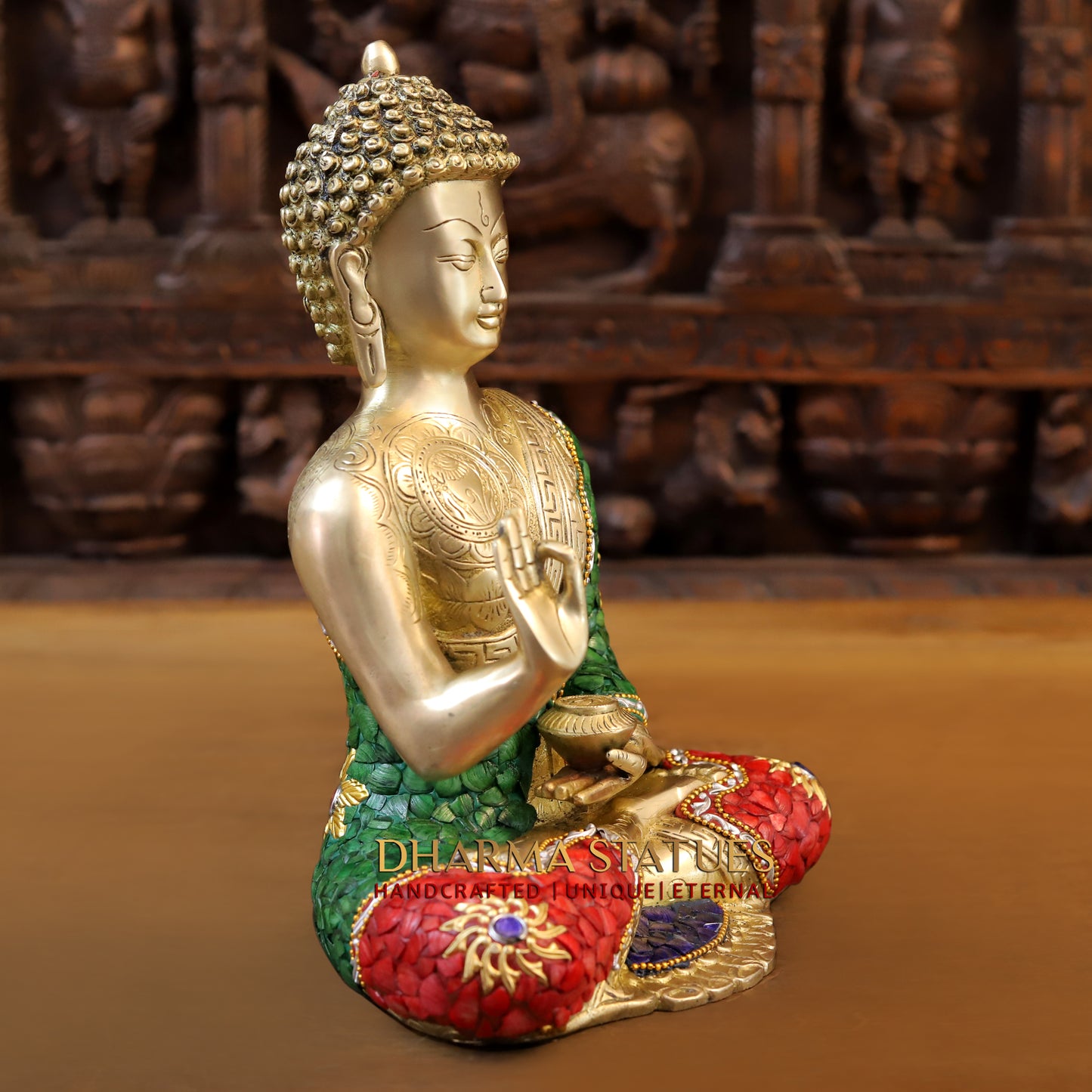 Brass Buddha seated in Blessing Posture, Stonework & Golden Finish, 12.5"