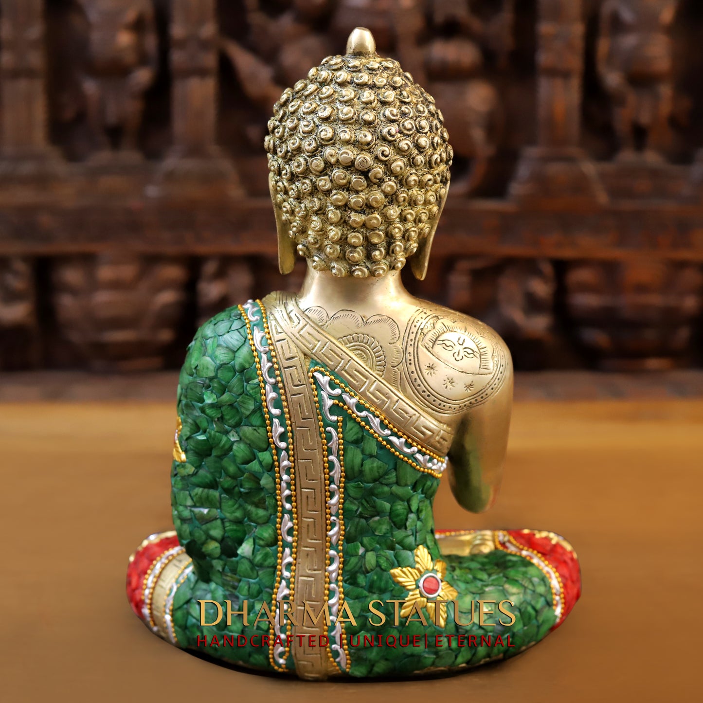 Brass Buddha seated in Blessing Posture, Stonework & Golden Finish, 12.5"