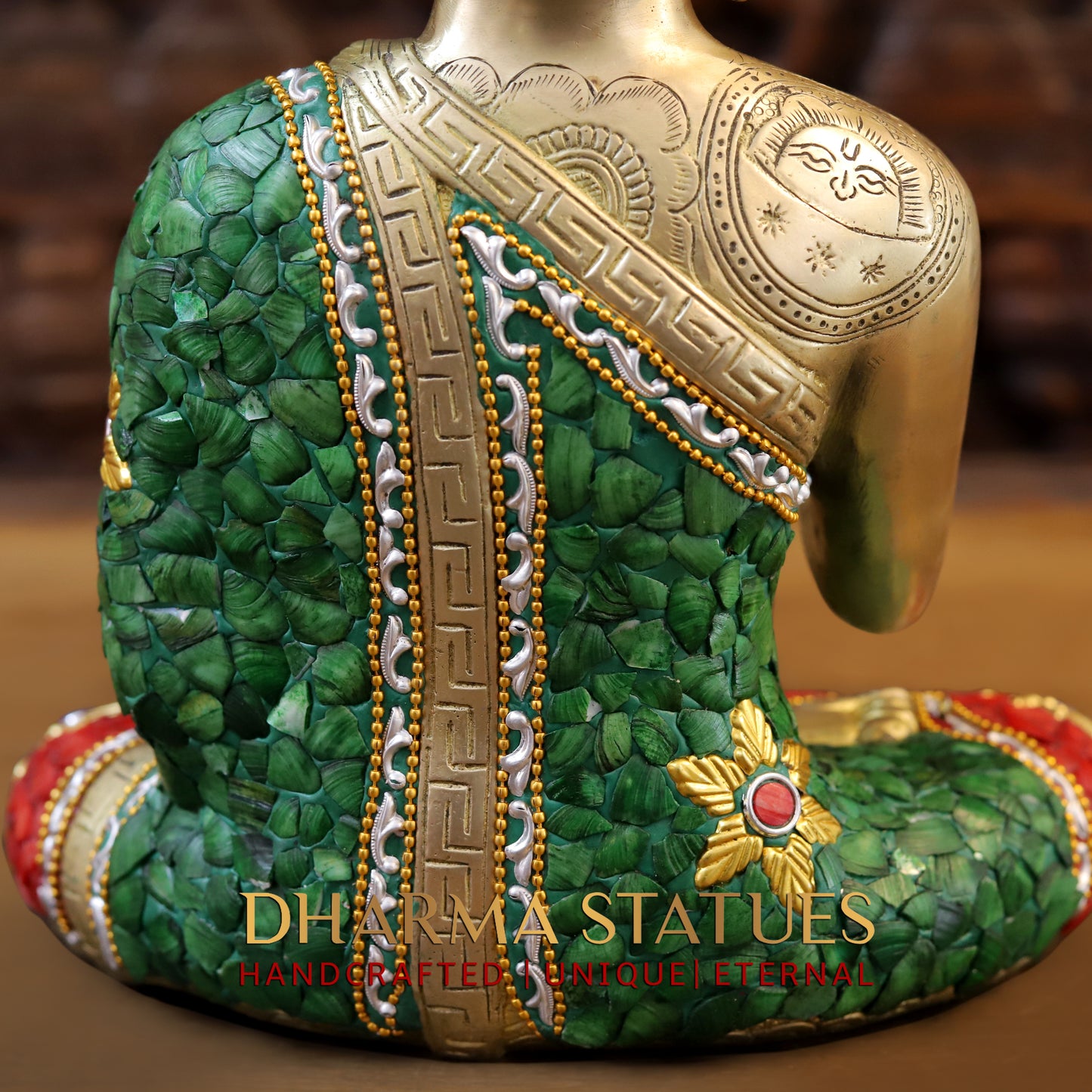 Brass Buddha seated in Blessing Posture, Stonework & Golden Finish, 12.5"