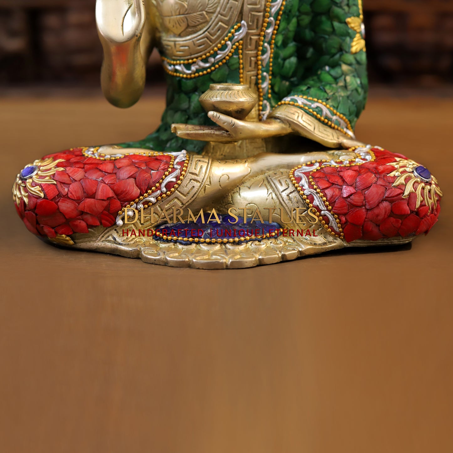 Brass Buddha seated in Blessing Posture, Stonework & Golden Finish, 12.5"