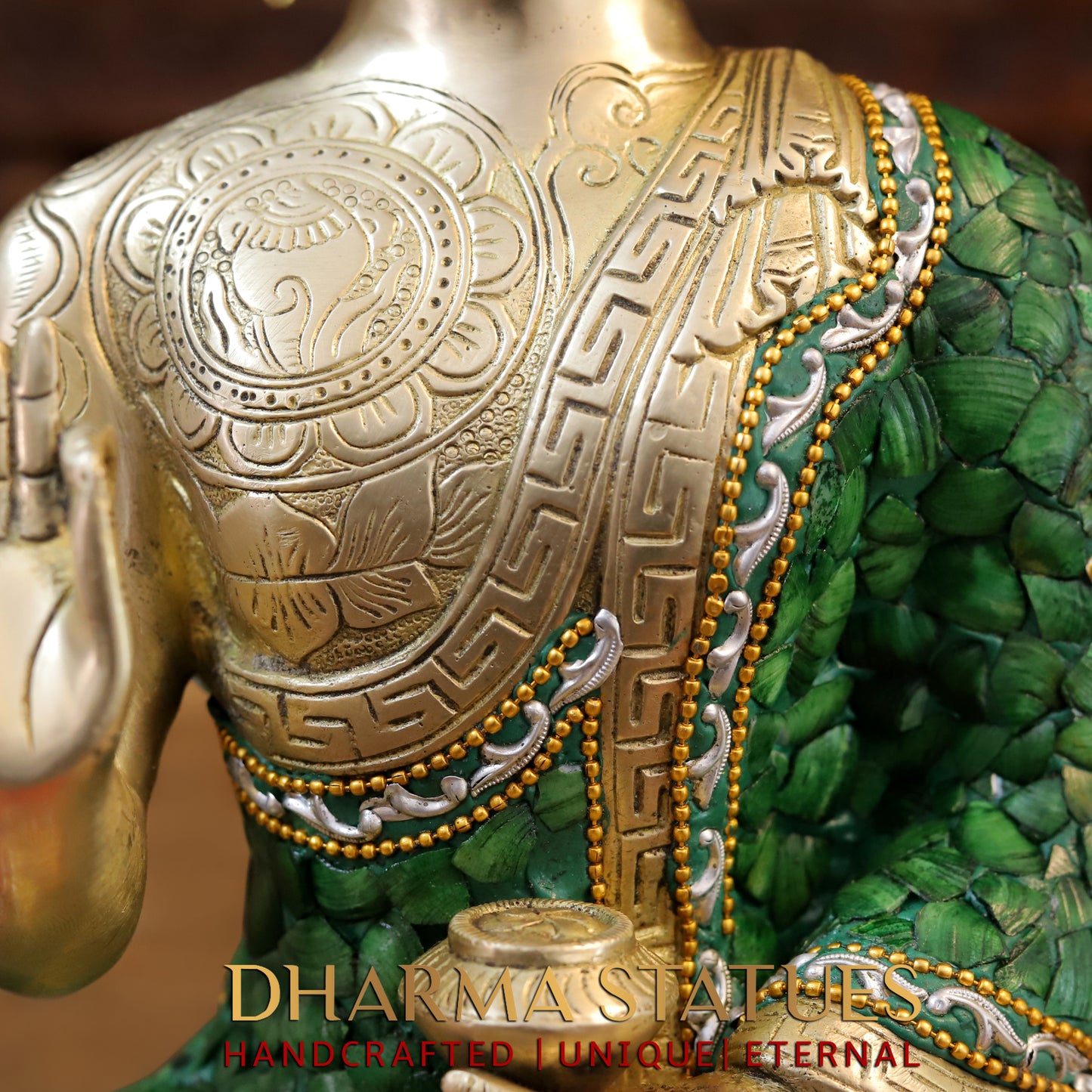 Brass Buddha seated in Blessing Posture, Stonework & Golden Finish, 12.5"