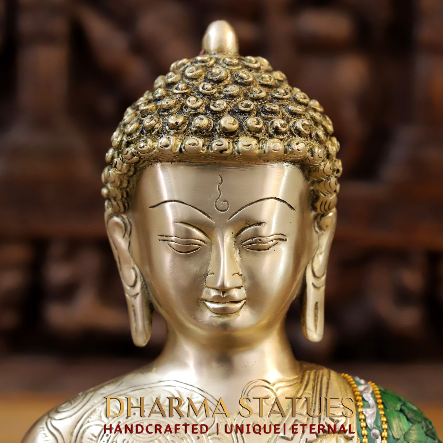 Brass Buddha seated in Blessing Posture, Stonework & Golden Finish, 12.5"