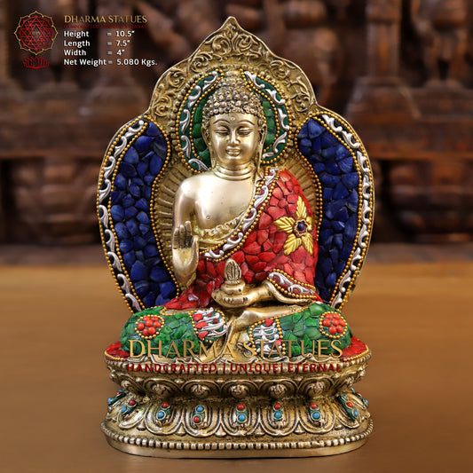 Brass Buddha seated in Blessing Posture, Stonework & Golden Finish, 10.5"