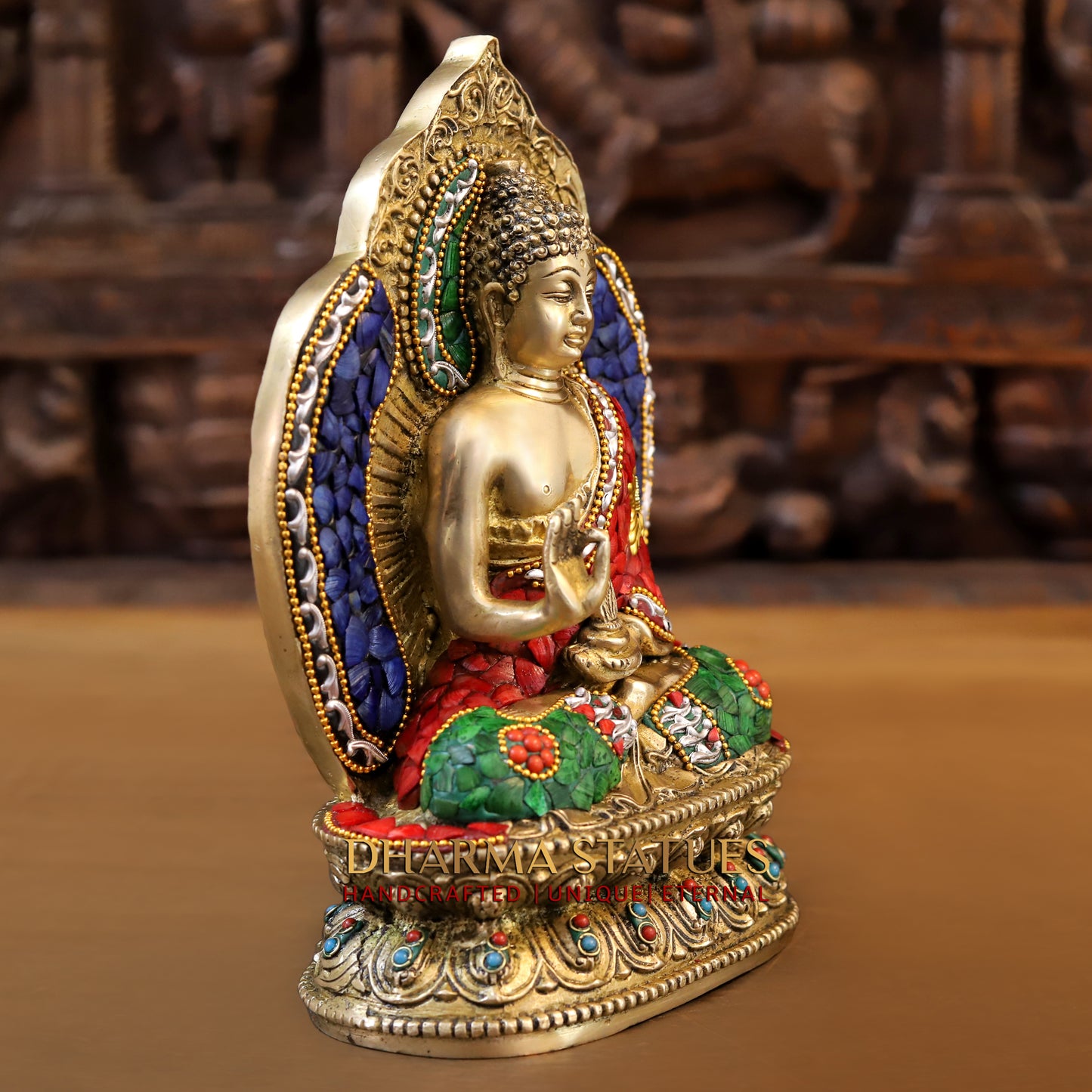 Brass Buddha seated in Blessing Posture, Stonework & Golden Finish, 10.5"