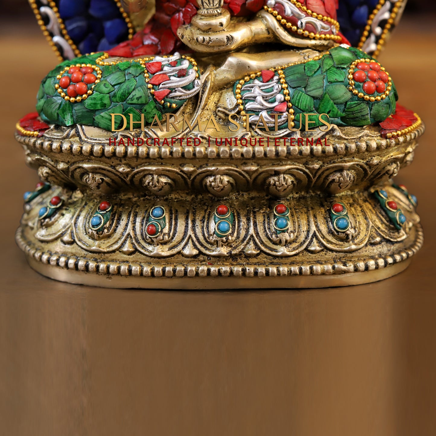 Brass Buddha seated in Blessing Posture, Stonework & Golden Finish, 10.5"