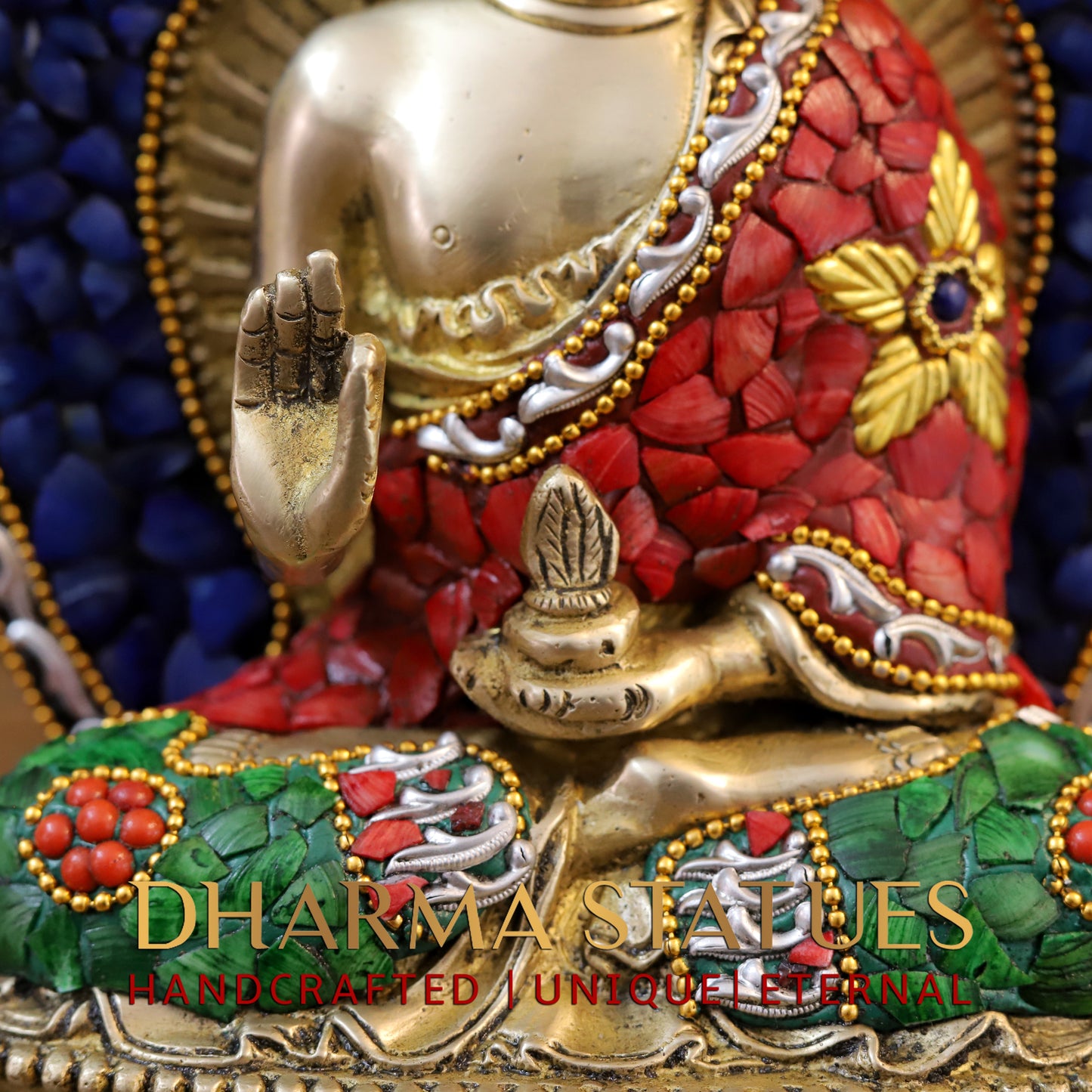 Brass Buddha seated in Blessing Posture, Stonework & Golden Finish, 10.5"
