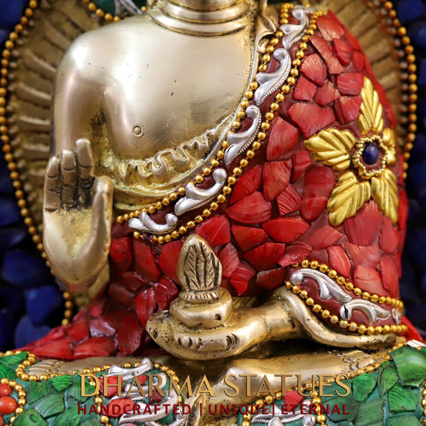 Brass Buddha seated in Blessing Posture, Stonework & Golden Finish, 10.5"
