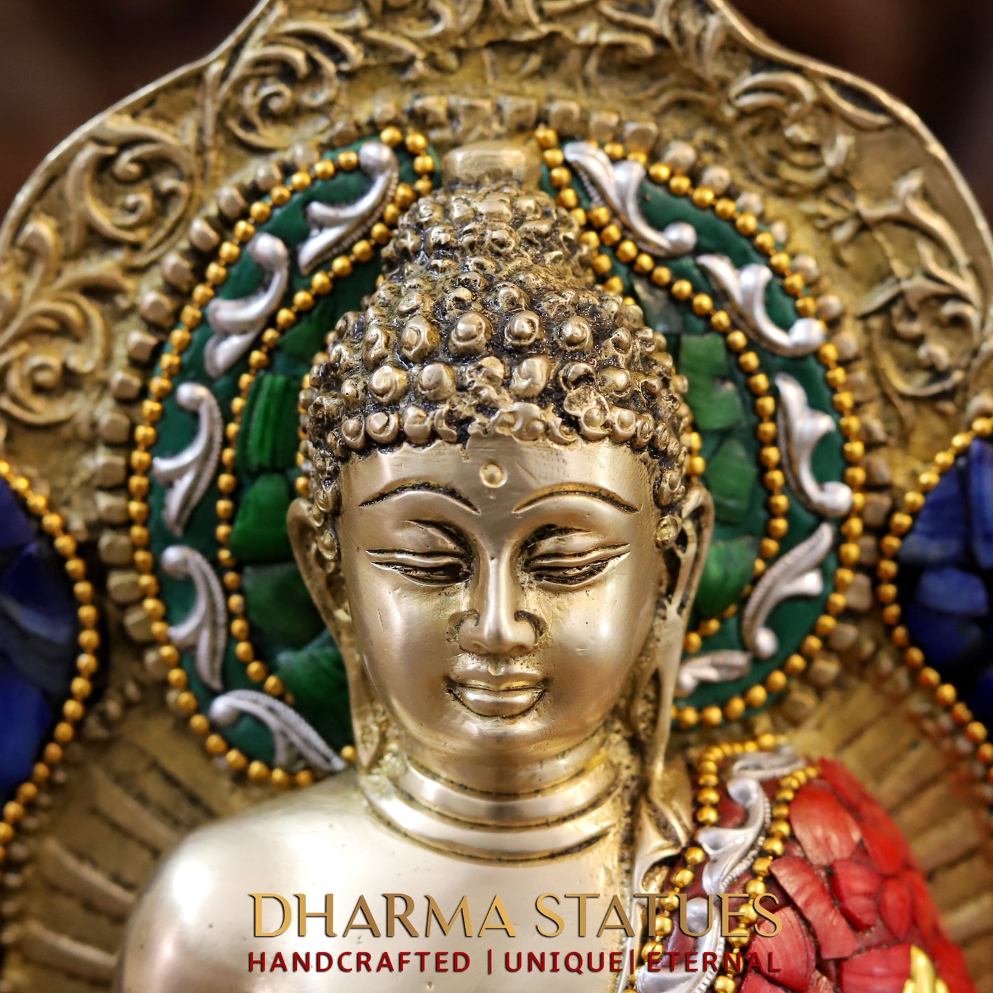 Brass Buddha seated in Blessing Posture, Stonework & Golden Finish, 10.5"