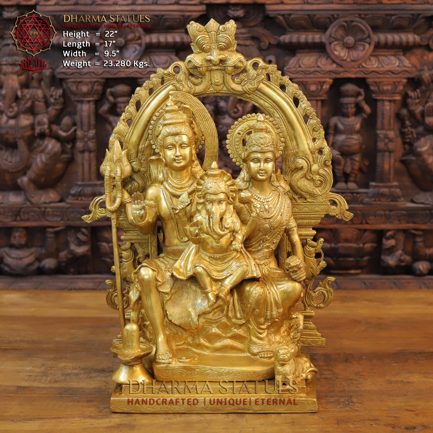 Brass Shiva Family with Ganesh &  Parvati on Kailash Mountain, Fine Golden Finish, 22"