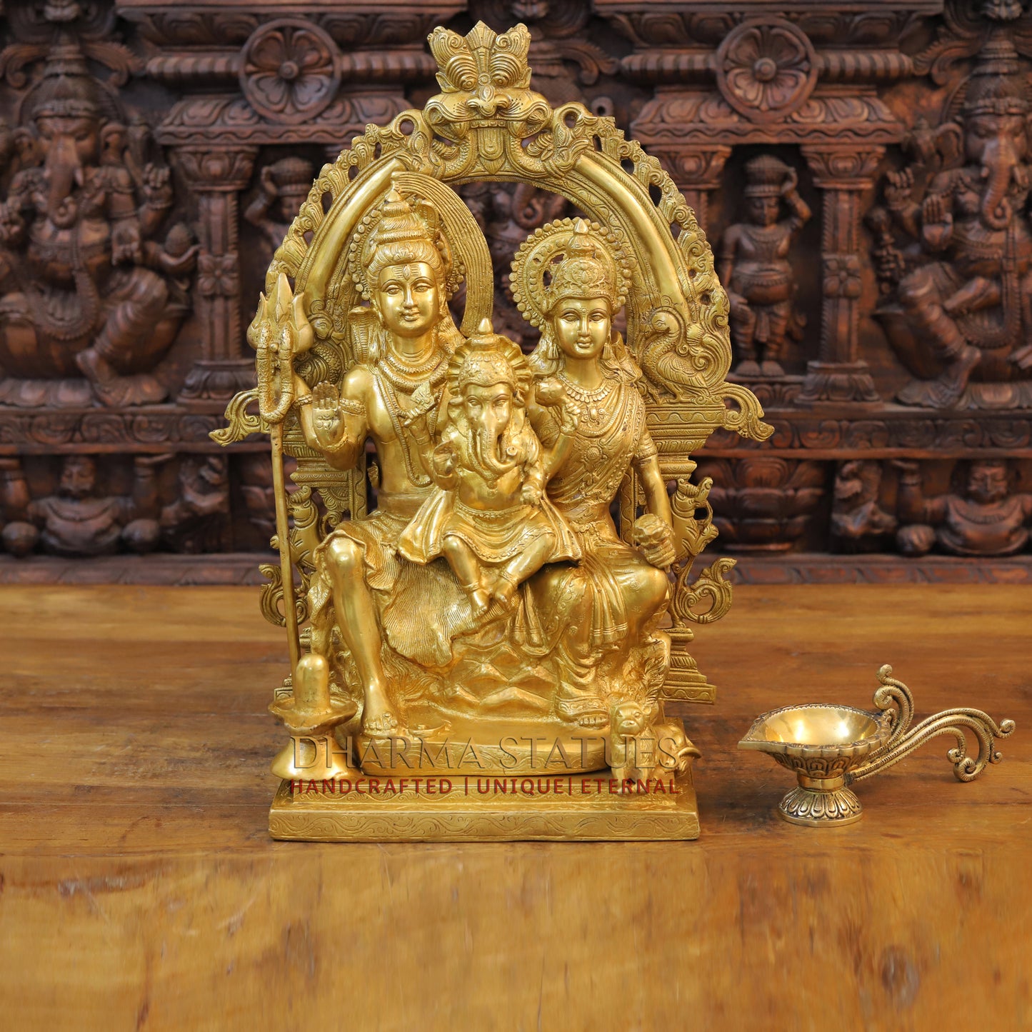 Brass Shiva Family with Ganesh &  Parvati on Kailash Mountain, Fine Golden Finish, 22"