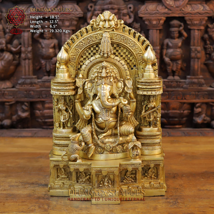 Brass Ganesh seated in Temple with rat And Kalash, Special Gold, 18.5"