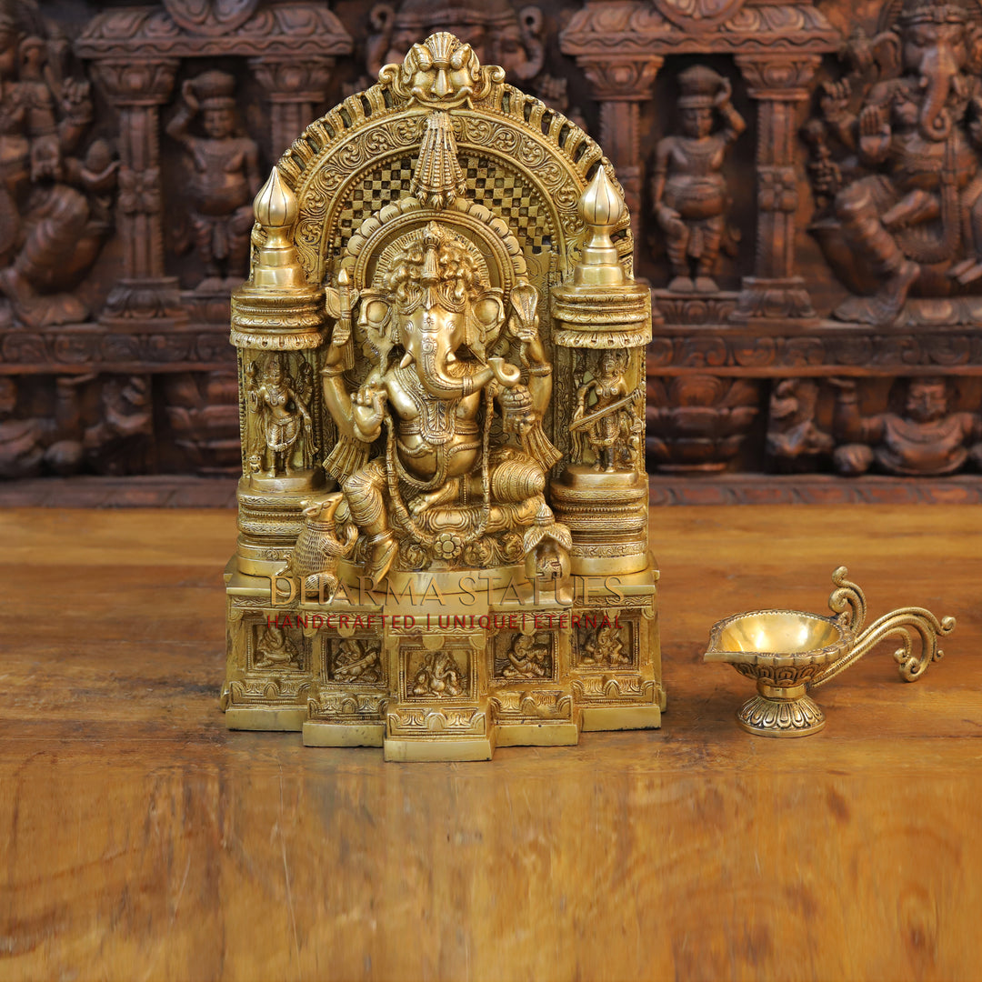 Brass Ganesh seated in Temple with rat And Kalash, Special Gold, 18.5"