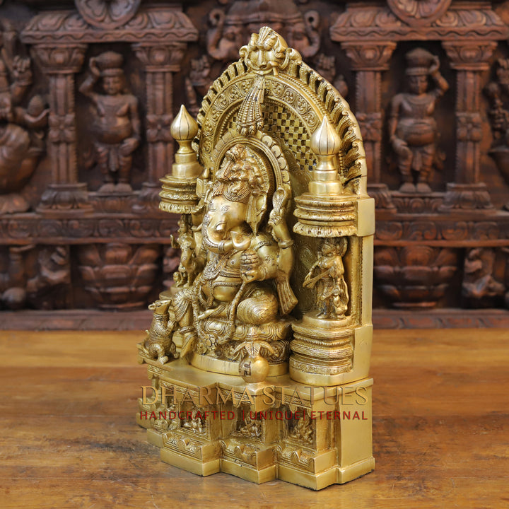 Brass Ganesh seated in Temple with rat And Kalash, Special Gold, 18.5"