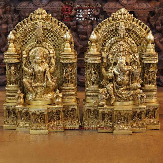 Brass Laxshmi & Ganesh Seated in Temple with rat, Special Gold, 18.5"