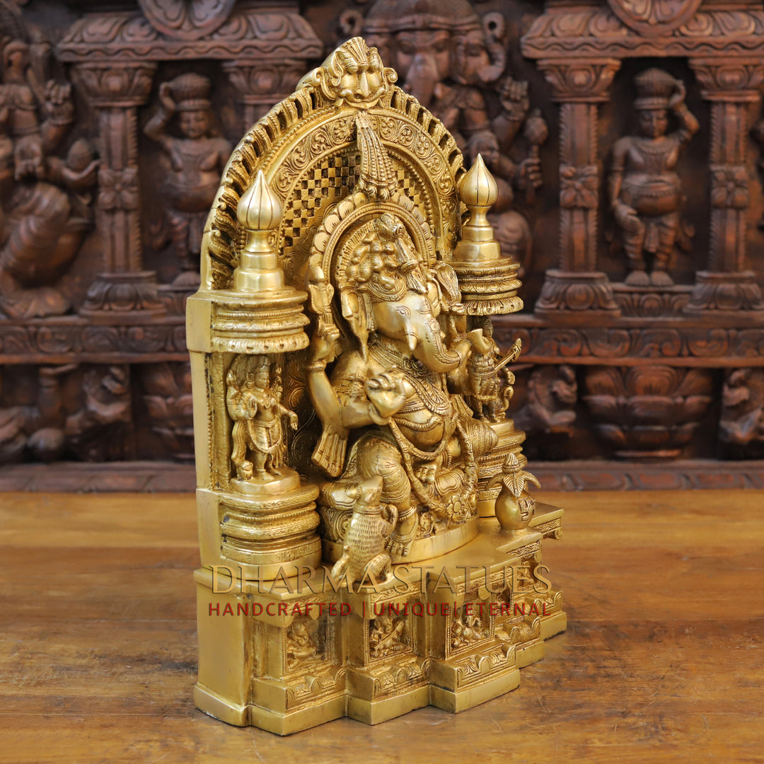 Brass Ganesh seated in Temple with rat And Kalash, Special Gold, 18.5"