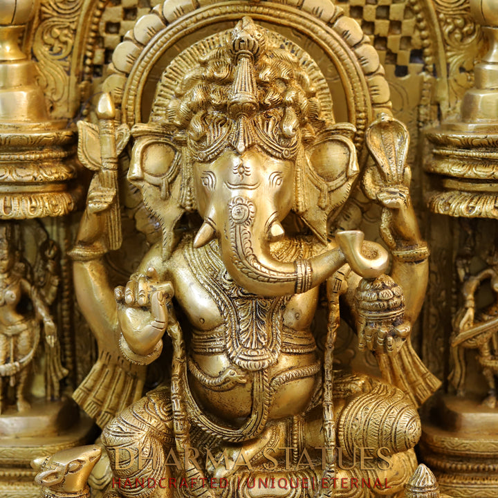 Brass Ganesh seated in Temple with rat And Kalash, Special Gold, 18.5"